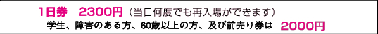 1日券　2300円（当日何度でも再入場ができます）　　学生、障害のある方、60歳以上の方、及び前売り券は　2000円