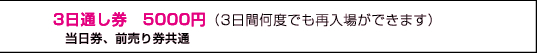 3日通し券　5000円（3日間何度でも再入場ができます）　当日券、前売り券共通